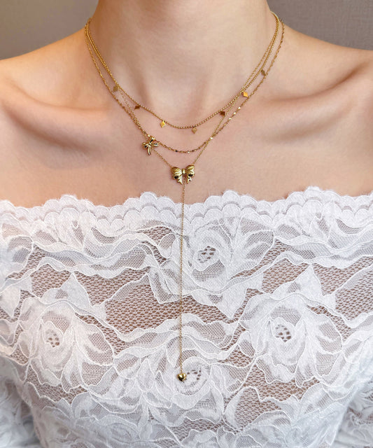 Fine Gold Bow Tassel Layering Alloy Two Piece Set Necklace