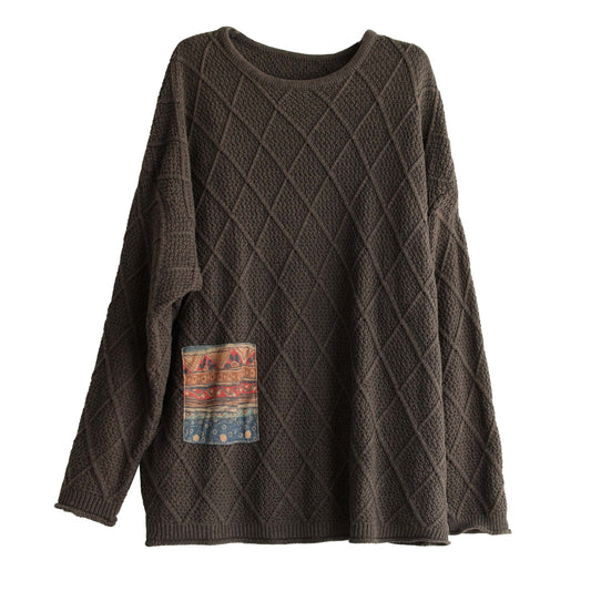 Women Retro Rhombus Patchwork Cotton Loose Sweater