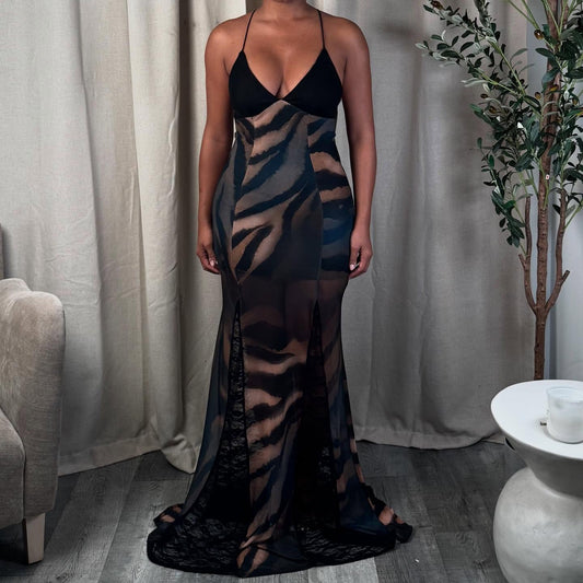 Edgy Girl Style Black-Brown Tiger Stripe Patchwork Mesh Backless Spaghetti Strap Lace Train Maxi Dress