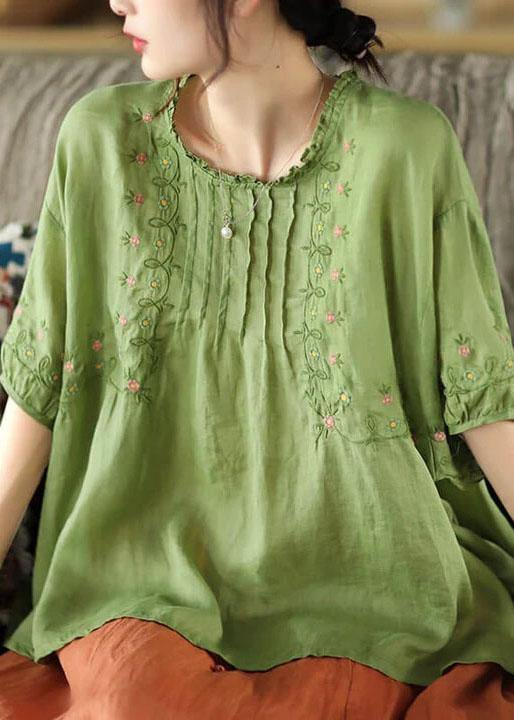 Women Green Floral Draped Ramie O-neck Embroidered Split T-shirt