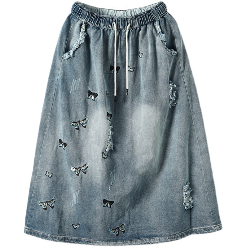 Retro Loose Embroidery A-Line Denim Skirt