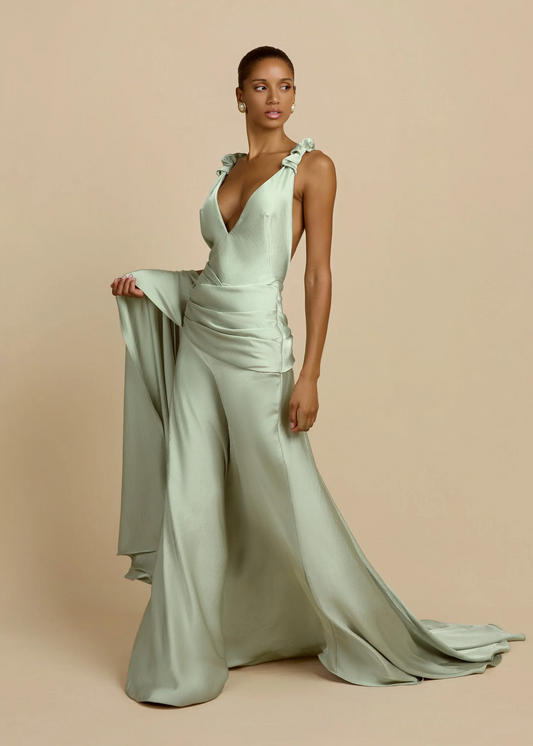 Deep V Open-Back Satin Draped Train Gown