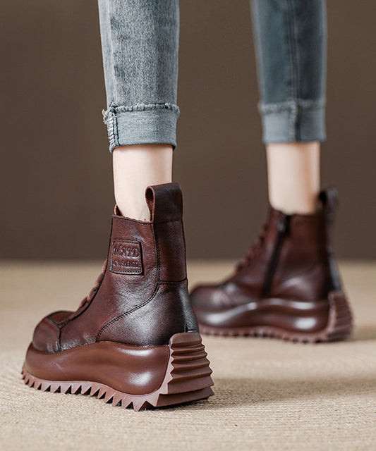 Women Chocolate Cowhide Leather Lace Up Splicing Boots