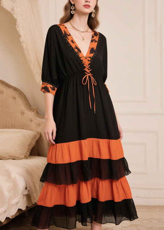 Women Black Patchwork Cross Strap Chiffon Maxi Dresses Summer