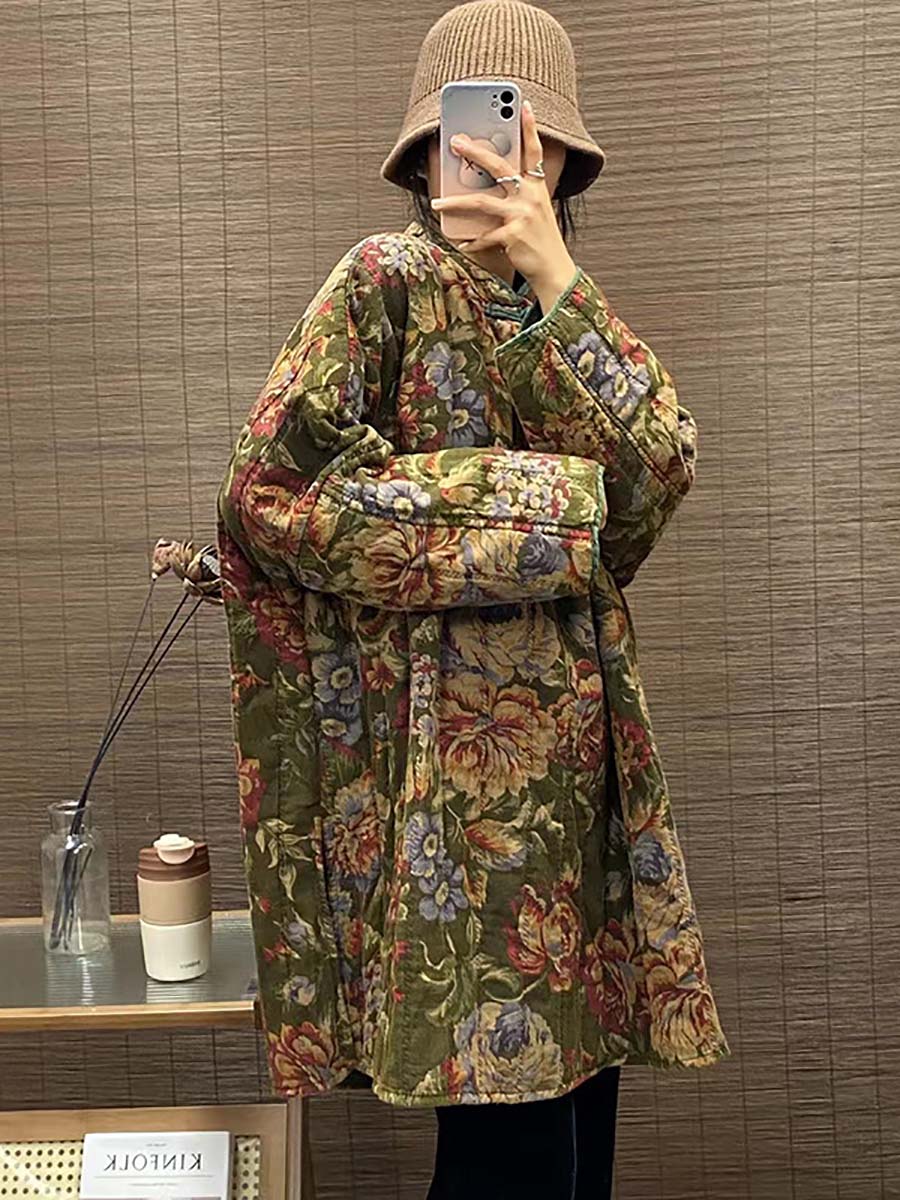 Winter Ethnic Button Floral Print Splict Hem Coat