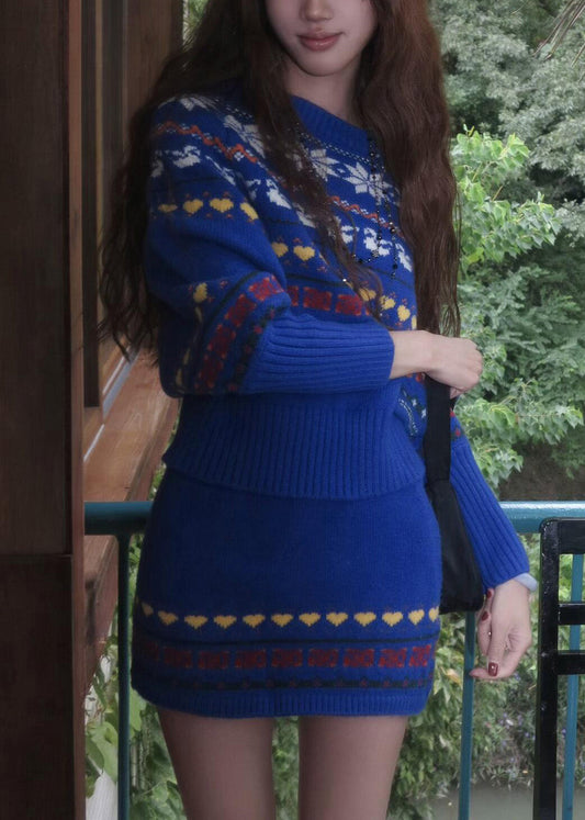 Novelty Blue Slash Neck Print Cotton Knit Sweater And Skirts Two Pieces Set Fall