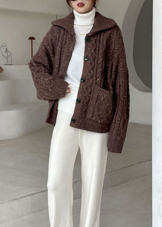 Fashion Coffee Peter Pan Collar Button Knit Winter Coat