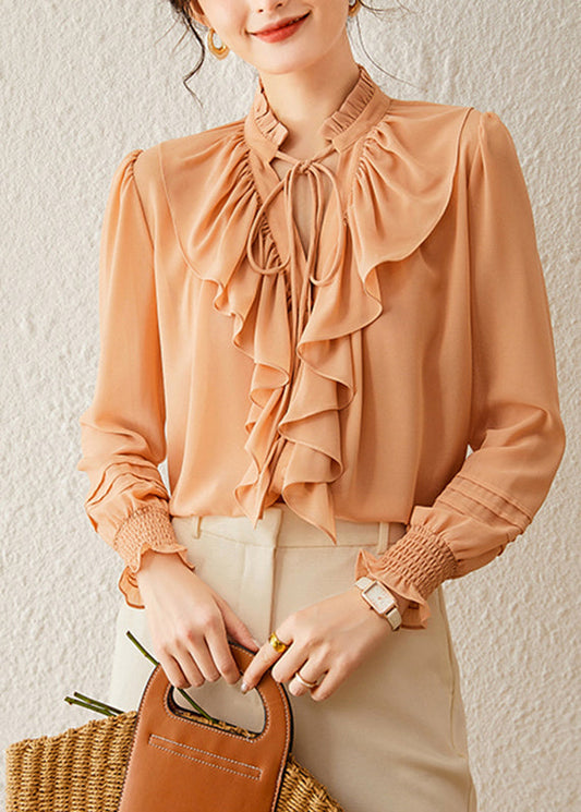 Beautiful Orange Stand Collar Tops Lantern Sleeve