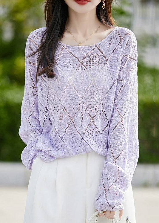 Women White O Neck Hollow Out Thin Knit Sweater Fall