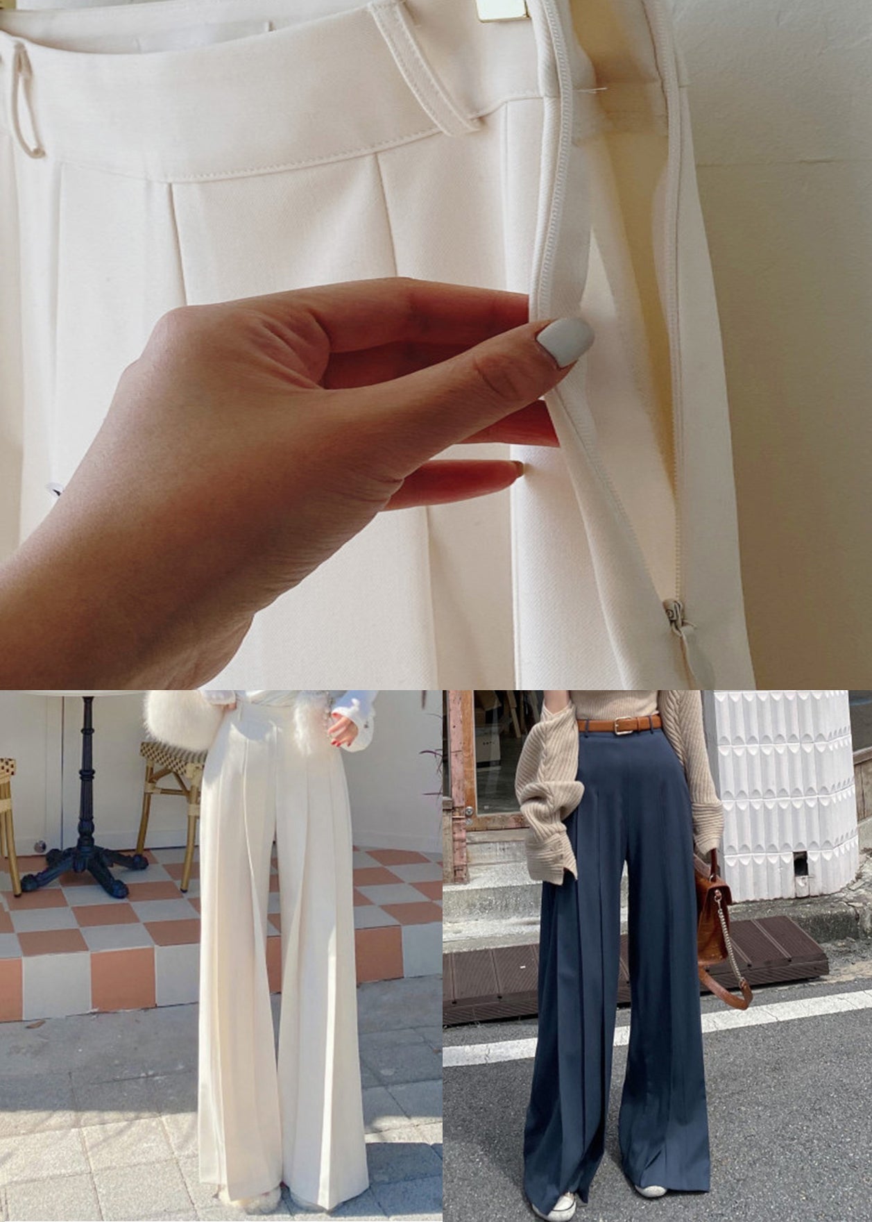 Navy Wrinkled Solid Spandex Wide Leg Pants High Waist