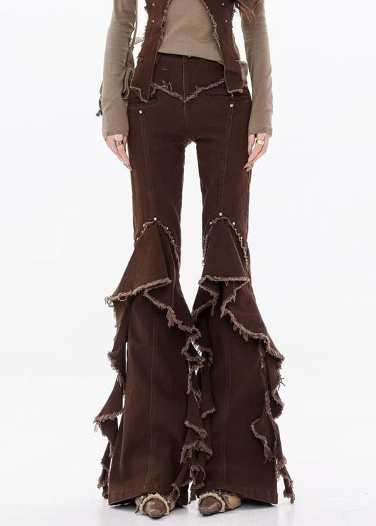 Unique Coffee Raw Edge High Waist Denim Flared Trousers Fall