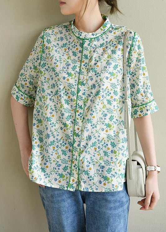 Plus Size Short Sleeve Green Print Cotton Blouses