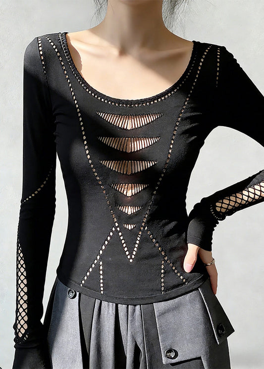 Modern Black O-Neck Hollow Out Cotton Shirts Spring