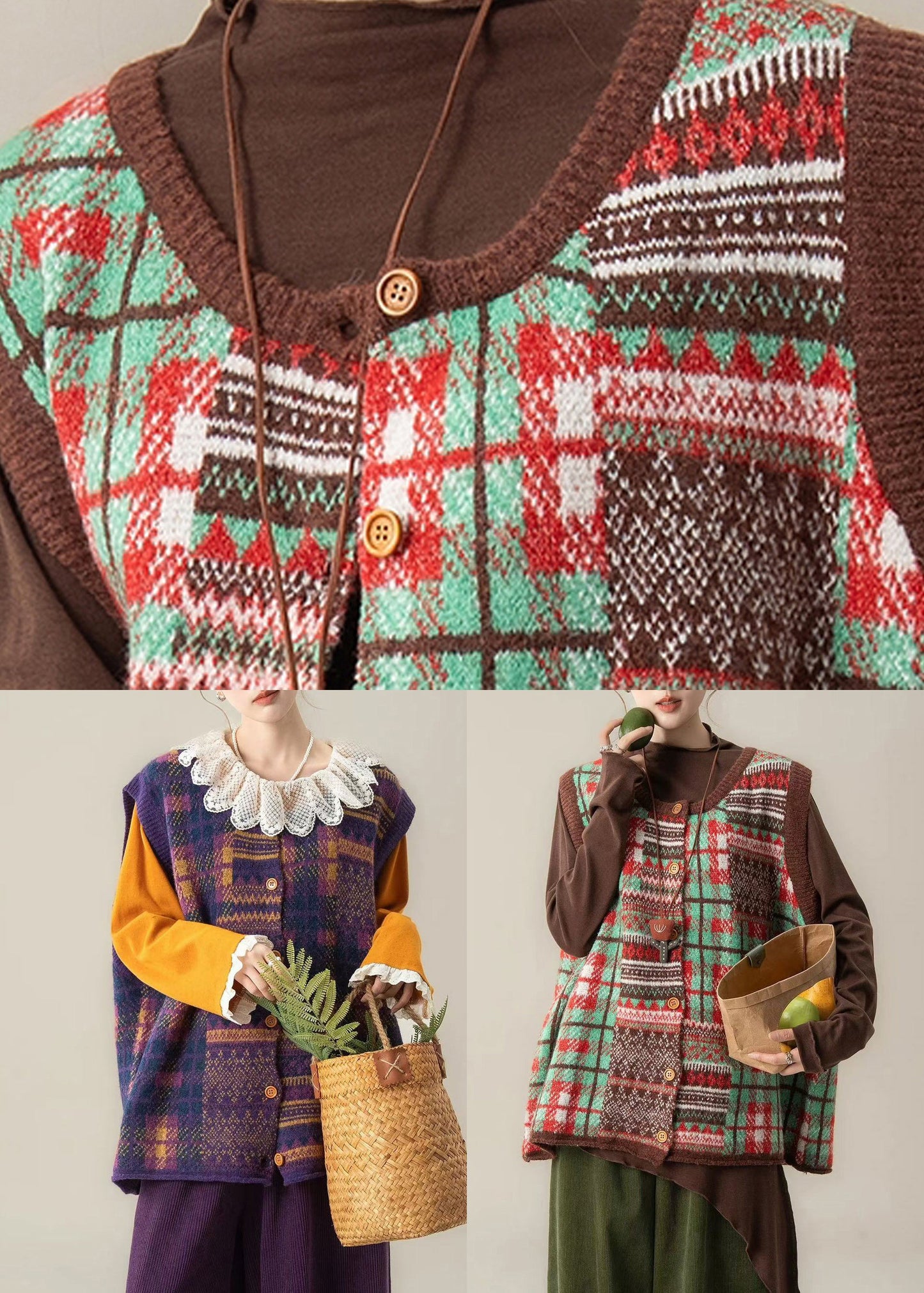 Organic Purple Plaid O-Neck Cotton Knit Waistcoat Sleeveless