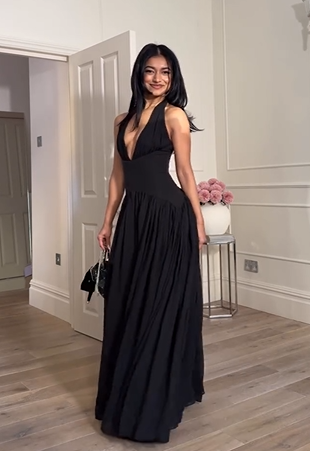 Sexy Halter Deep V Waist Solid Color Dress