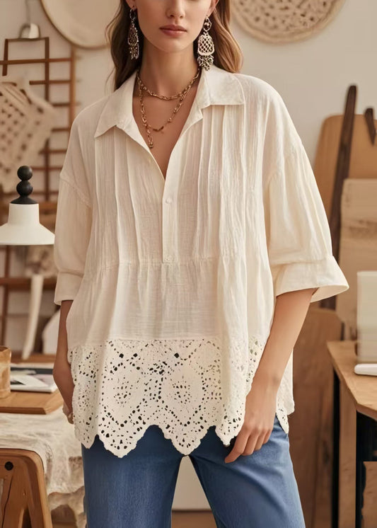 Chic Apricot Oversized Patchwork Lace Blouse Top Half Sleeve