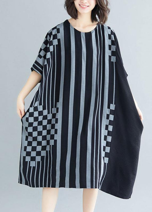 French black striped Cotton dresses o neck asymmetric Art summer Dress
