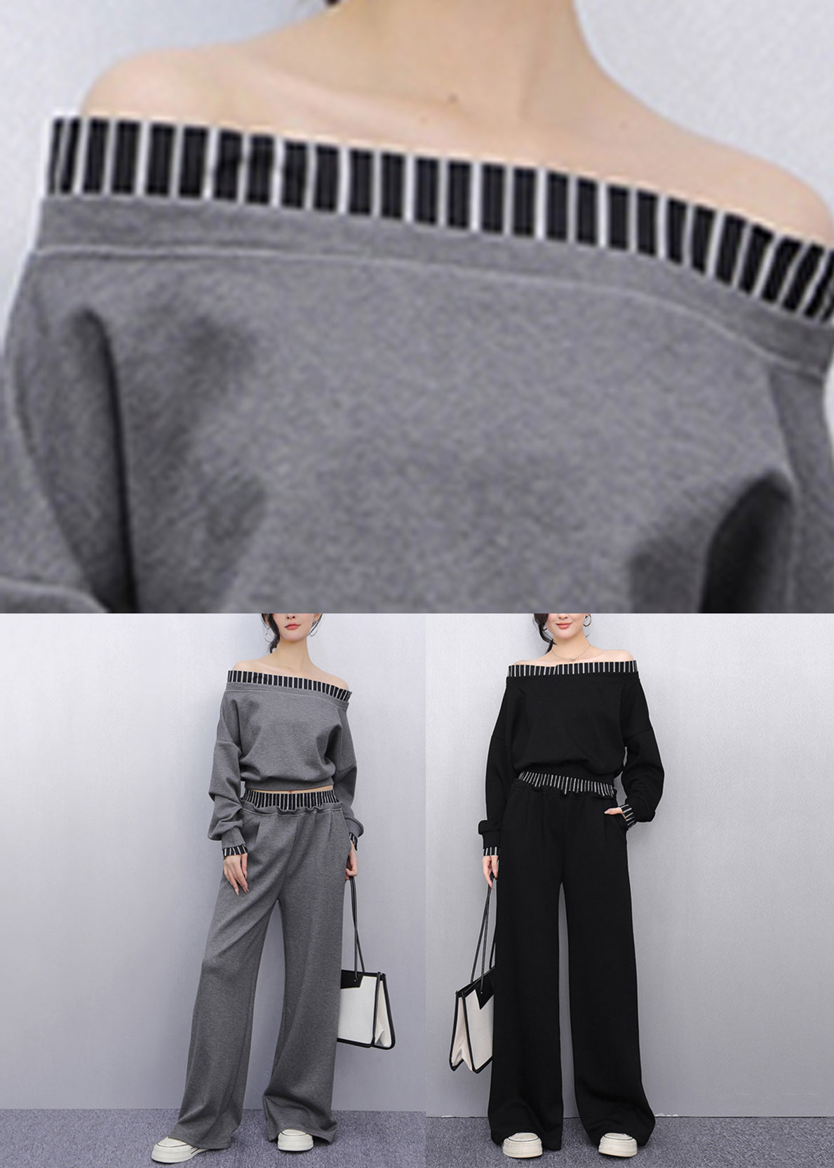 French Grey Striped Patchwork Top And Straight Pants Two Pieces Set Puff Sleeve