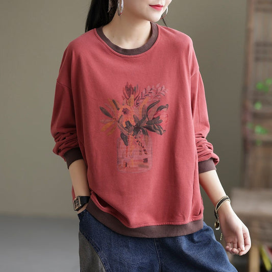 Women Loose Casual Foral Cotton Sweater