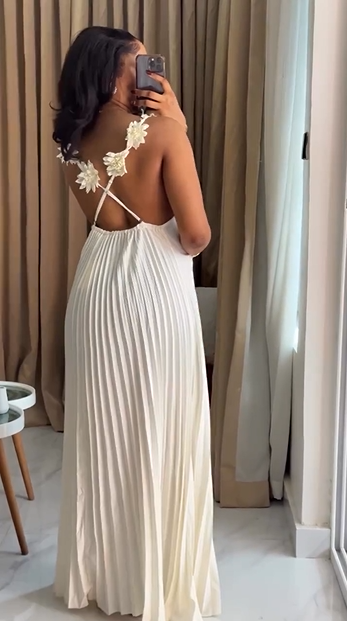 Fairy Style White Floral Embellished Spaghetti Strap Backless Pleated Flowy Maxi Dress