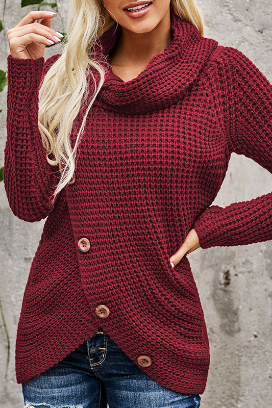 Turtleneck Button Irregular Hem Sweater