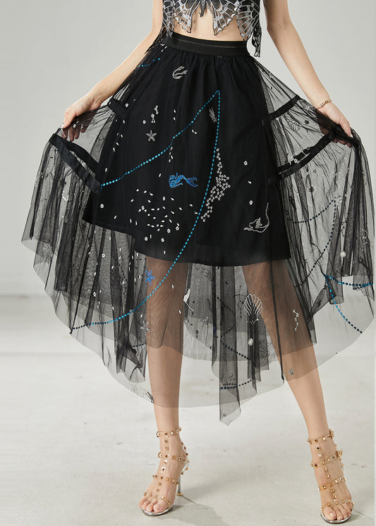 Casual Black Sequins Rhinestone Tulle Skirts Summer