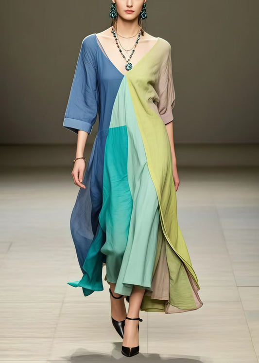Chic Colorblock Asymmetrical Exra Large Hem Cotton Maxi Dresses Summer