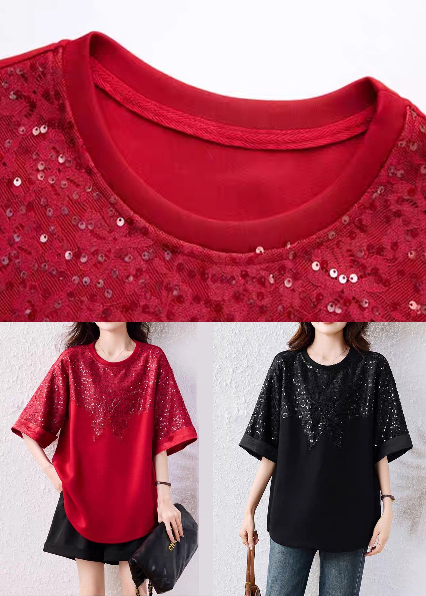 Black Sequins Cotton T Shirt O Neck Half Sleeve