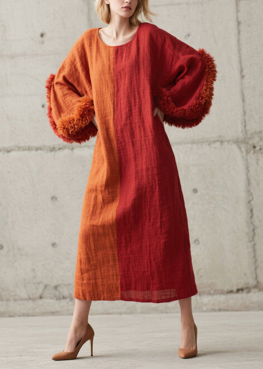 DIY Colorblock O-Neck Patchwork Faux Fur Maxi Dress Lantern Sleeve