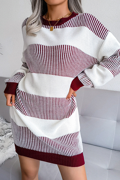 Elegant Striped Split Joint Contrast O Neck Dresses Sweater (Without Belt)