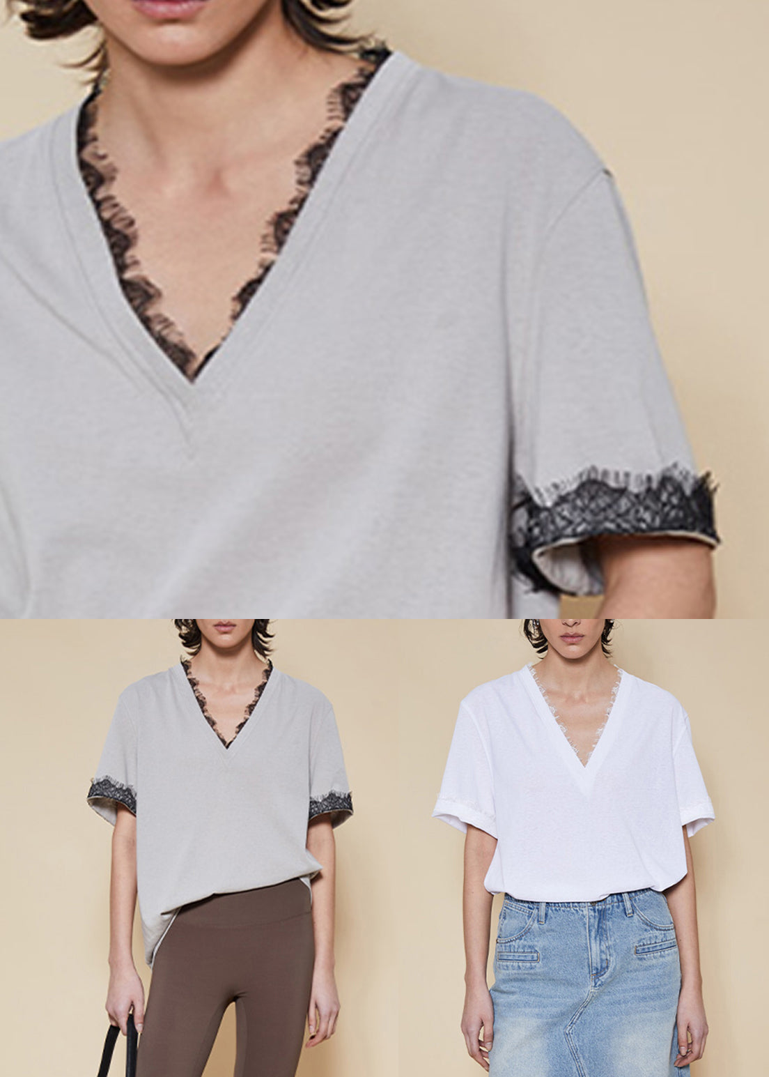 Grey Lace Solid Cotton T Shirt V Neck Short Sleeve