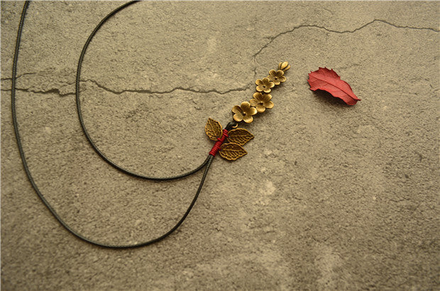Cotton Linen Bronze Plum Blossom Leaves Literary Long Necklace