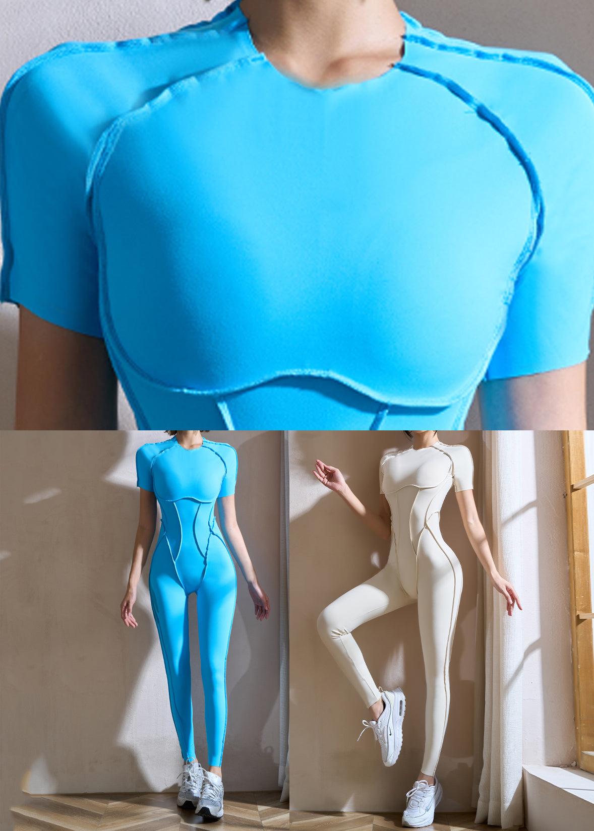 Blue Patchwork One Piece Workout Suit Legging
