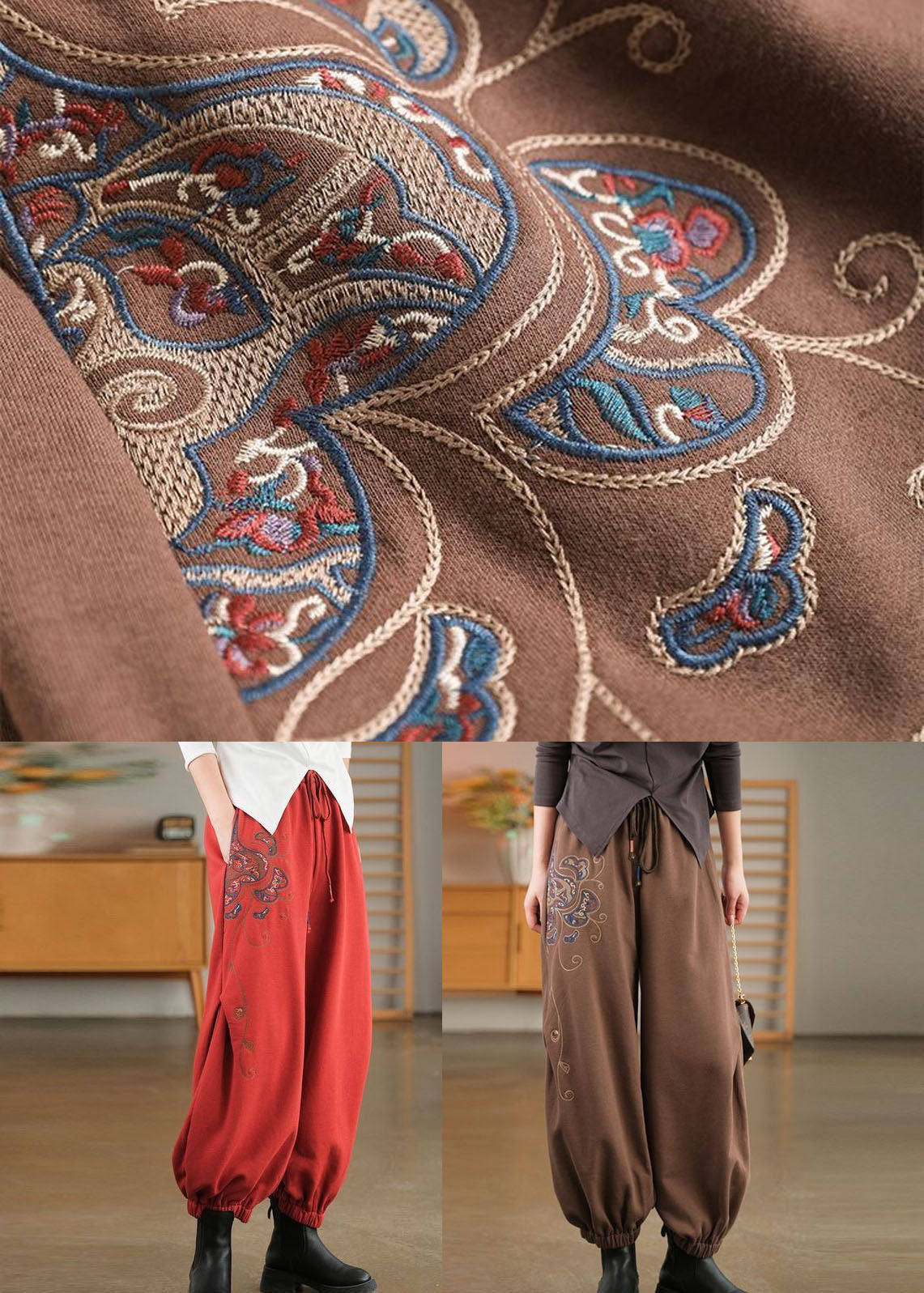 Coffee Oversized Warm Fleece Pants Embroideried Elastic Waist Winter