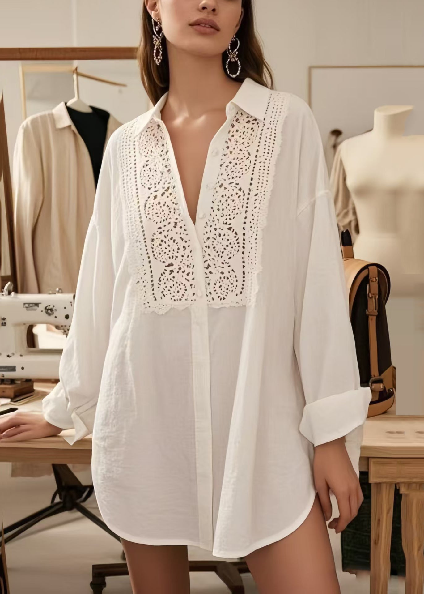Plus Size White V Neck Hollow Out Cotton Shirts Spring