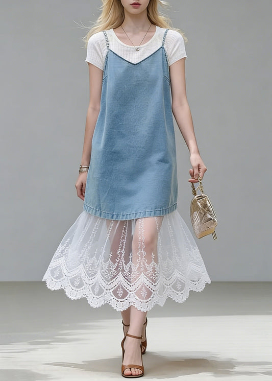 Stylish Blue Lace Patchwork Tops And Spaghetti Strap Dress Two Piece Set Summer