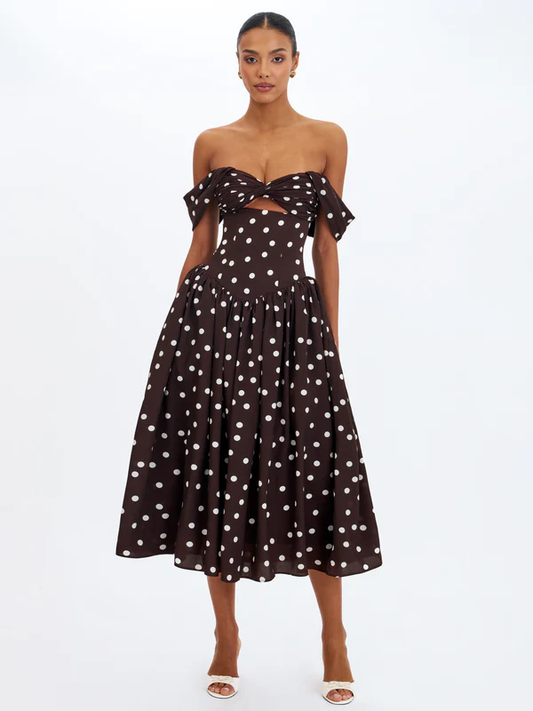 French Vintage Brown Polka Dot Off Shoulder Twist Cutout Flare Midi Dress | Waist-Cinching Slimming Elegant Tea Dress