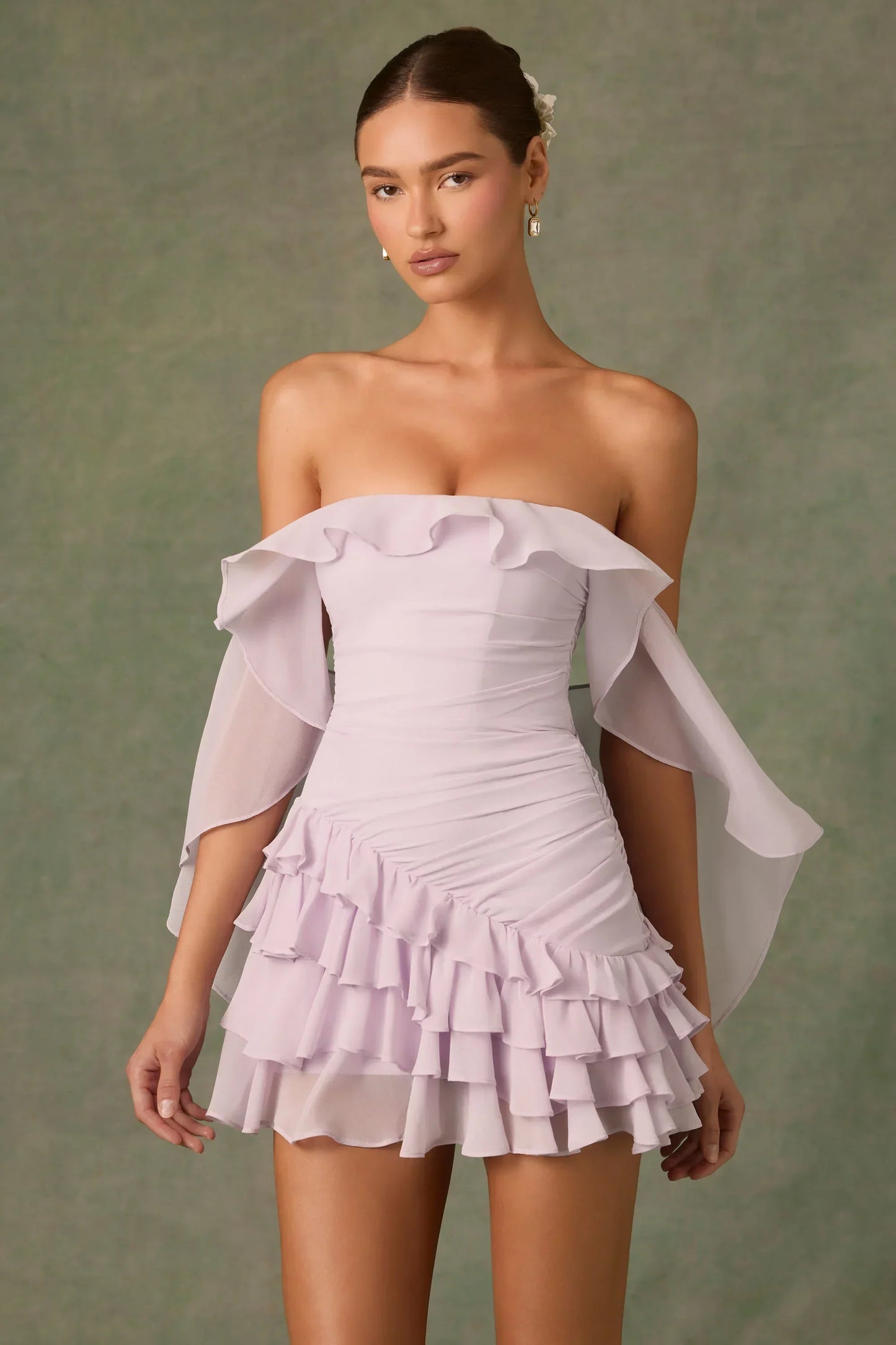 Off-Shoulder Ruffled Mini Dress In Lilac