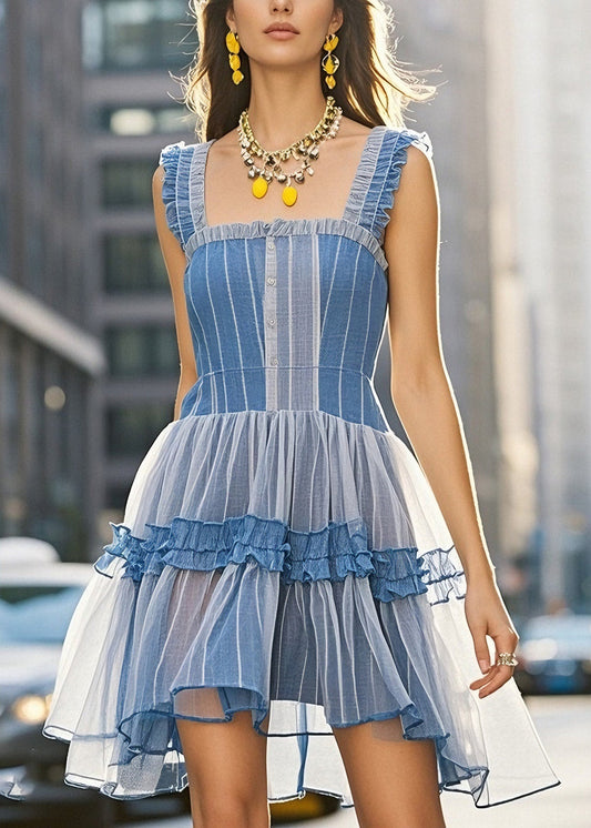 Cute Ruffled Tulle Patchwork Denim Dress Sleeveless