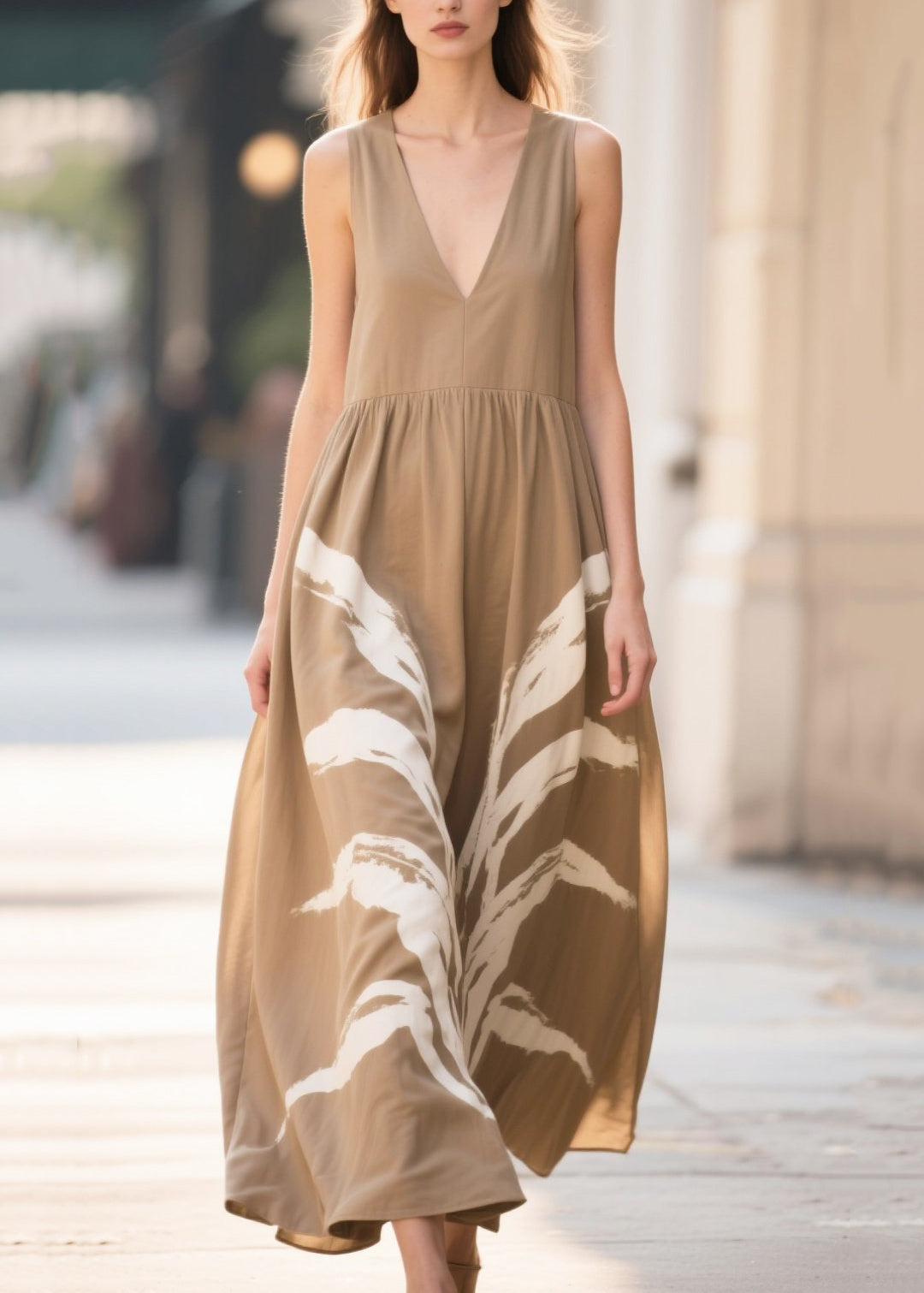 Chic Khaki Oversized Print Cotton Robe Dresses Summer