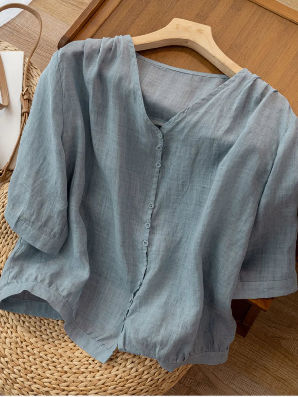 Pure Color V Neck 3/4 Sleeve Casual Linen Shirt Top