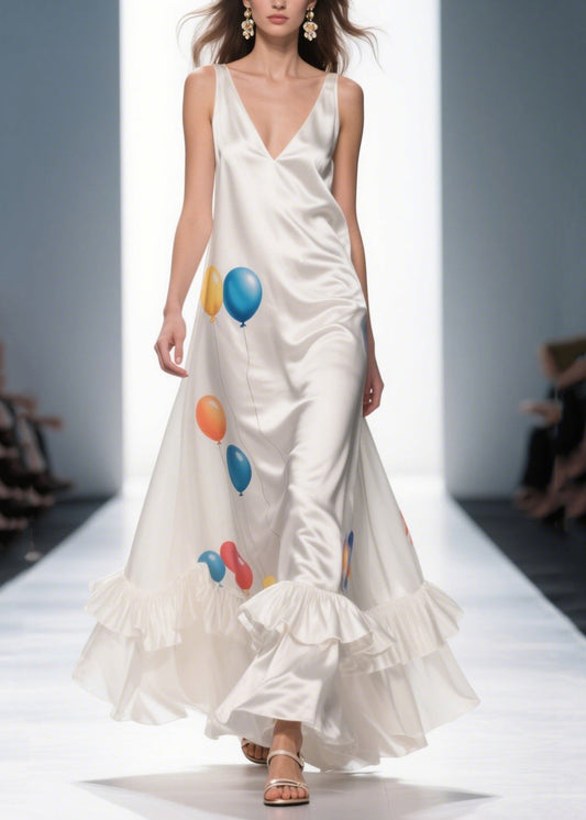 Bohemian Milk White Ruffled Print Silk Vestidos Dress Summer