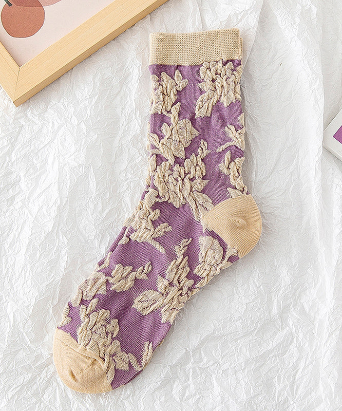 Japanese Style Versatile Purple Jacquard Mid Calf Socks Autumn