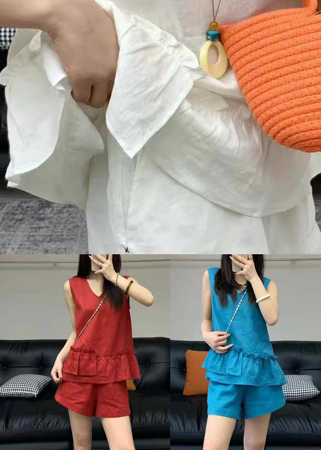 New White Ruffled Pockets Solid Linen Two Pieces Set Summer