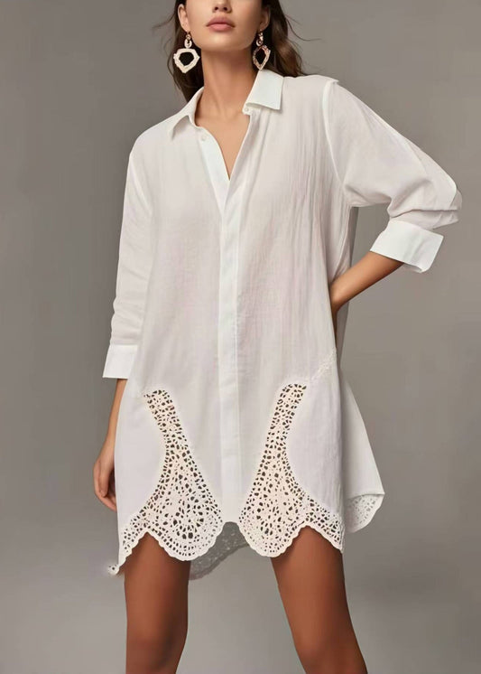 Simple White Peter Pan Collar Patchwork Lace Long Shirts Spring