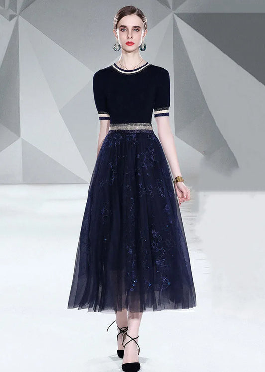 Italian Black O Neck Knit Tops And Tulle Skirts Embroideried 2 Piece Summer