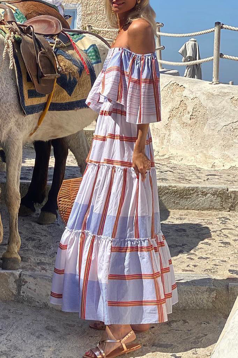 Fashion Print Patchwork Off the Shoulder Cake Dresses(3 Colors)