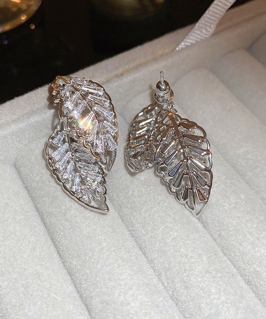 Fine Gold Copper Zircon Hollow Out Leaf Stud Earrings