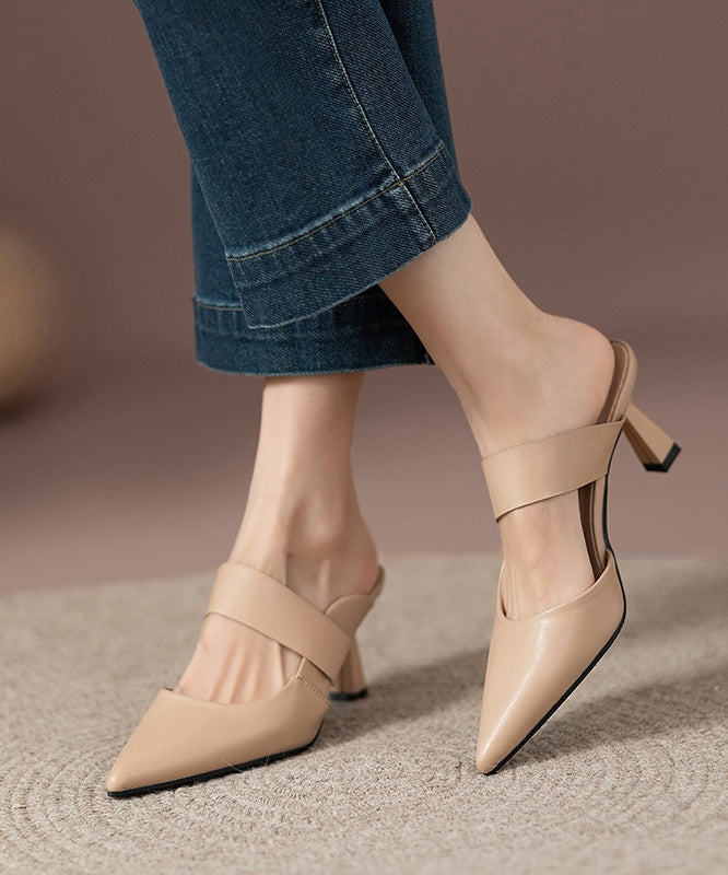 Apricot Faux Leather Fine High Heels Slide Sandals Pointed Toe