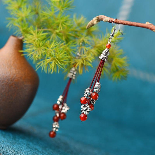 Vintage Miao Silver Red Bead Glass Earrings